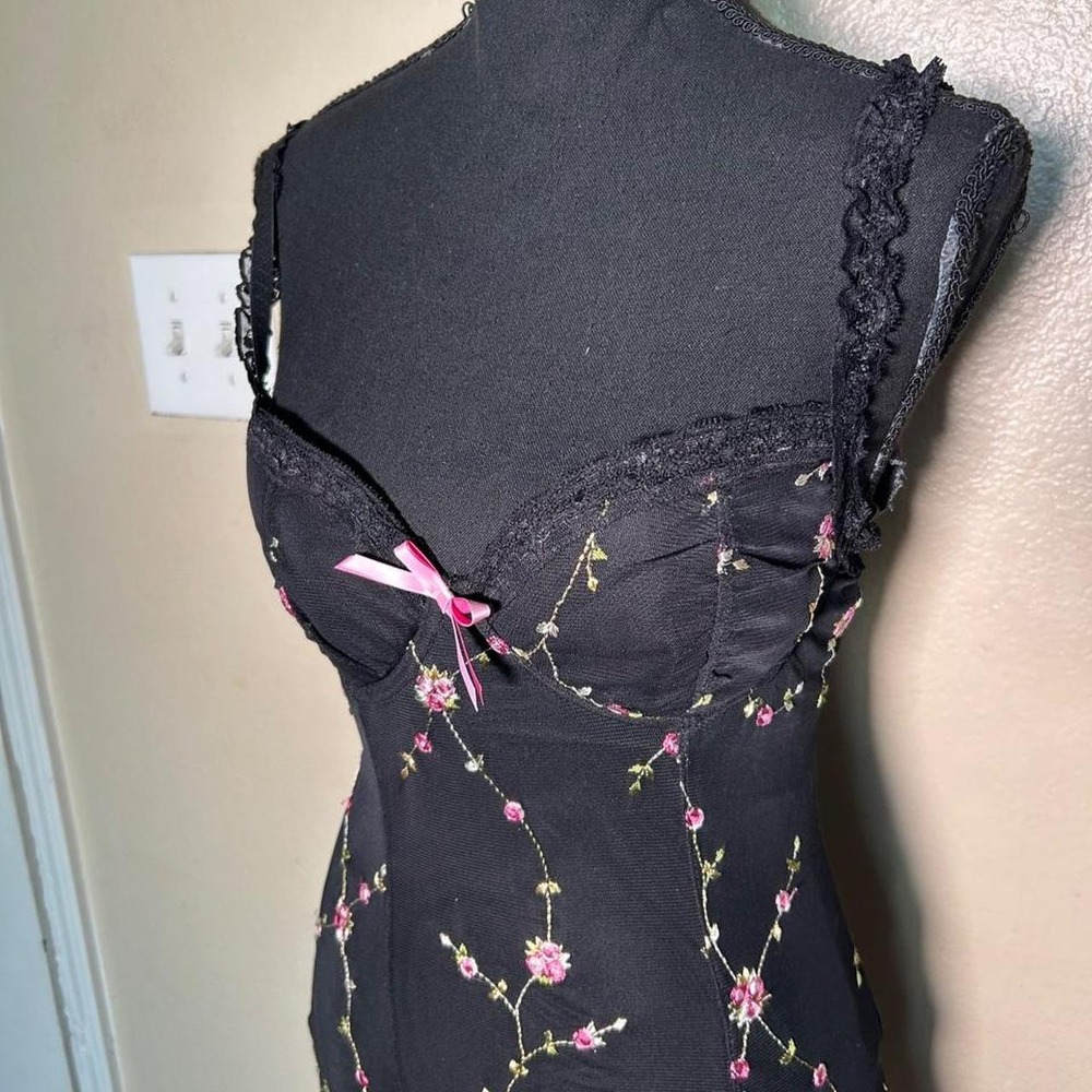 Sugar Thrillz Y2K Slip Floral Embroidered Mesh Ruffle Dress Black Pink Large - Picture 3 of 8